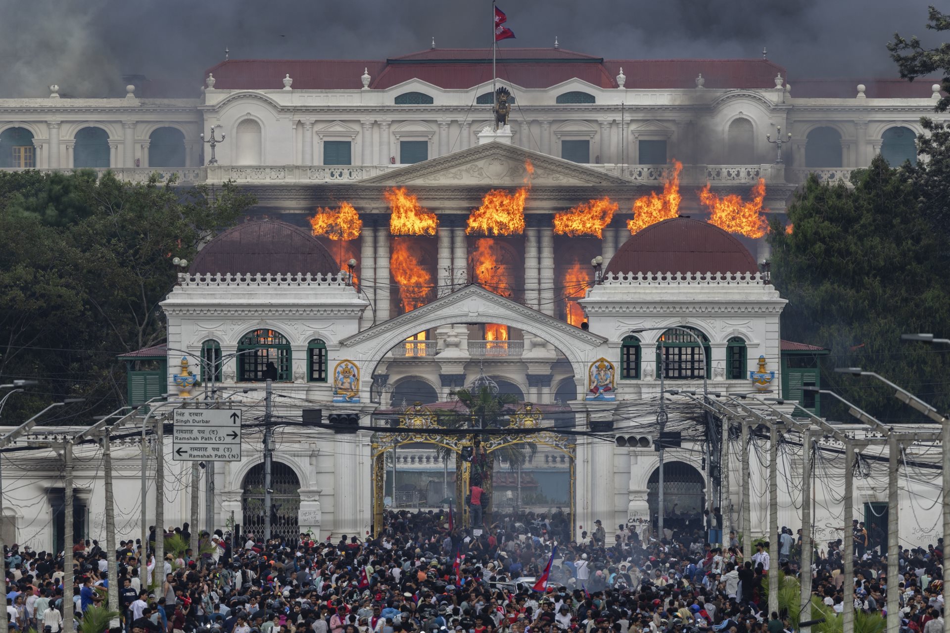 Fire and smoke engulf Singha Durbar after protesters stormed and set the government complex alight during violent demonstrations in Kathmandu, Nepal.